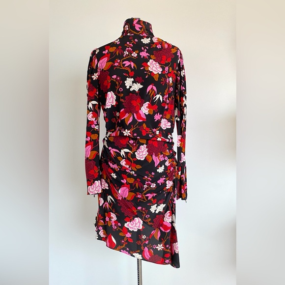 NEW A.L.C. Black Red Floral Print Marcel Mock Neck Ruched Stretch Silk Dress - Picture 2 of 10